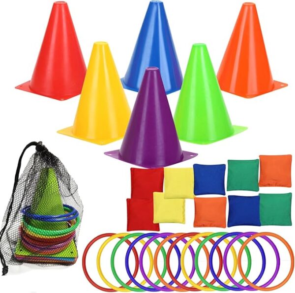 lacris 3 in 1 plastic cones toss game set with beanbags, outdoor throwing colorful ring toss cones, soft plastic carnival set, birthday party activities inside and outside for kids