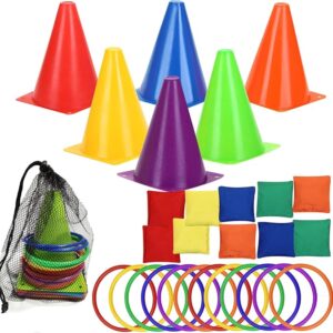 lacris 3 in 1 plastic cones toss game set with beanbags, outdoor throwing colorful ring toss cones, soft plastic carnival set, birthday party activities inside and outside for kids