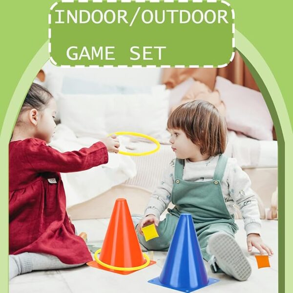 lacris 3 in 1 plastic cones toss game set with beanbags, outdoor throwing colorful ring toss cones, soft plastic carnival set, birthday party activities inside and outside for kids