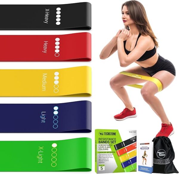 techstone resistance bands set for men and women, pack of 5 different resistance levels elastic band for home gym long exercise workout – great fitness equipment for training, yoga – free carrying bag